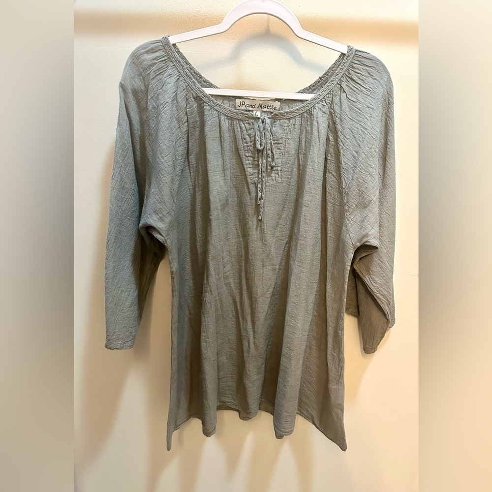 JP and Mattie Crinkled Cotton Peasant Tunic Top Olive Green Long Sleeve Size L